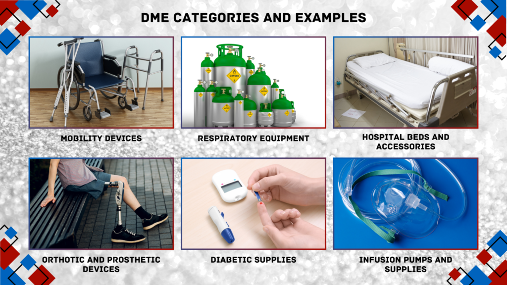 Infographic displaying categories of Durable Medical Equipment with example items for each category