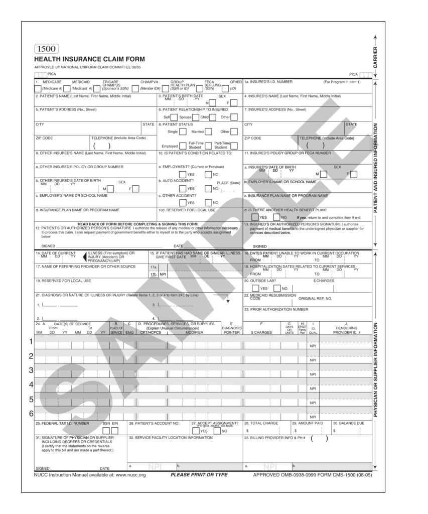 Sample completed CMS-1500 form for Medicare DME billing with key sections highlighted