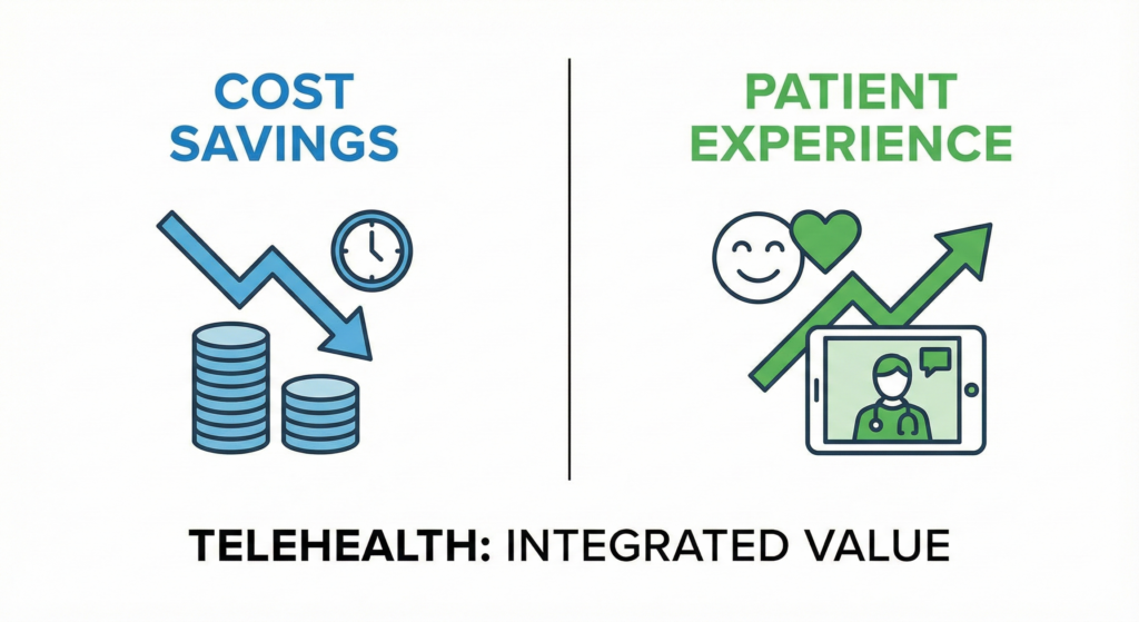 Comparison chart of DME operational cost savings versus patient experience improvements using virtual workflows