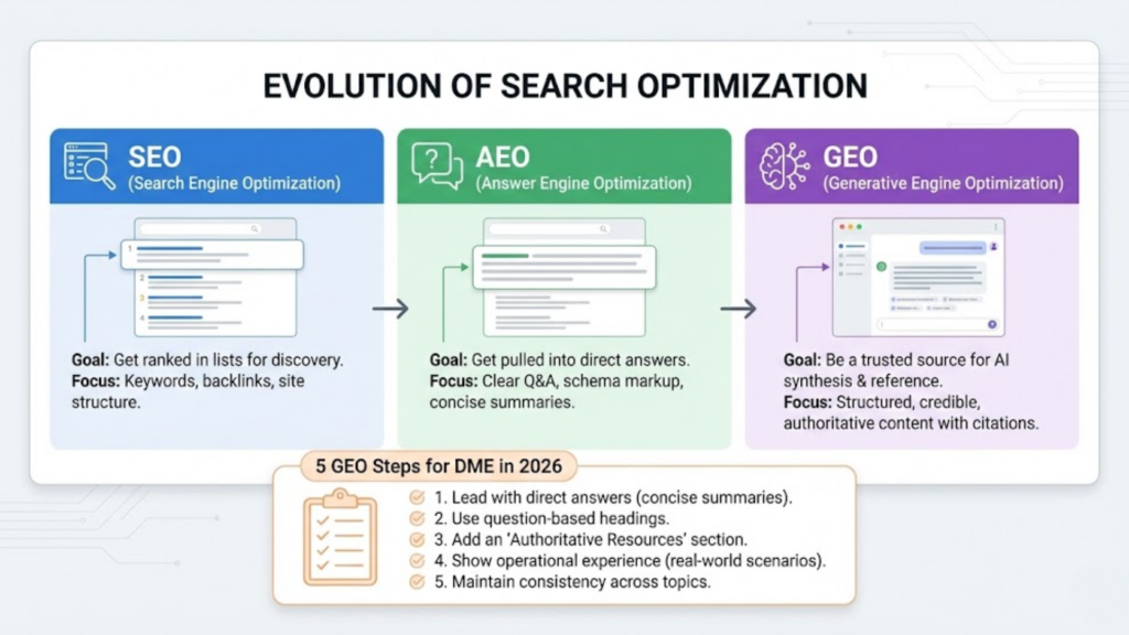 Infographic comparing traditional SEO rankings with 2026 Generative Engine Optimization (GEO) citation patterns for DME providers