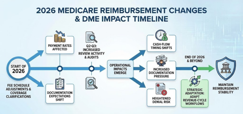 Infographic of 2026 CMS DMEPOS changes including annual accreditation cycles and prior authorization approval thresholds.
